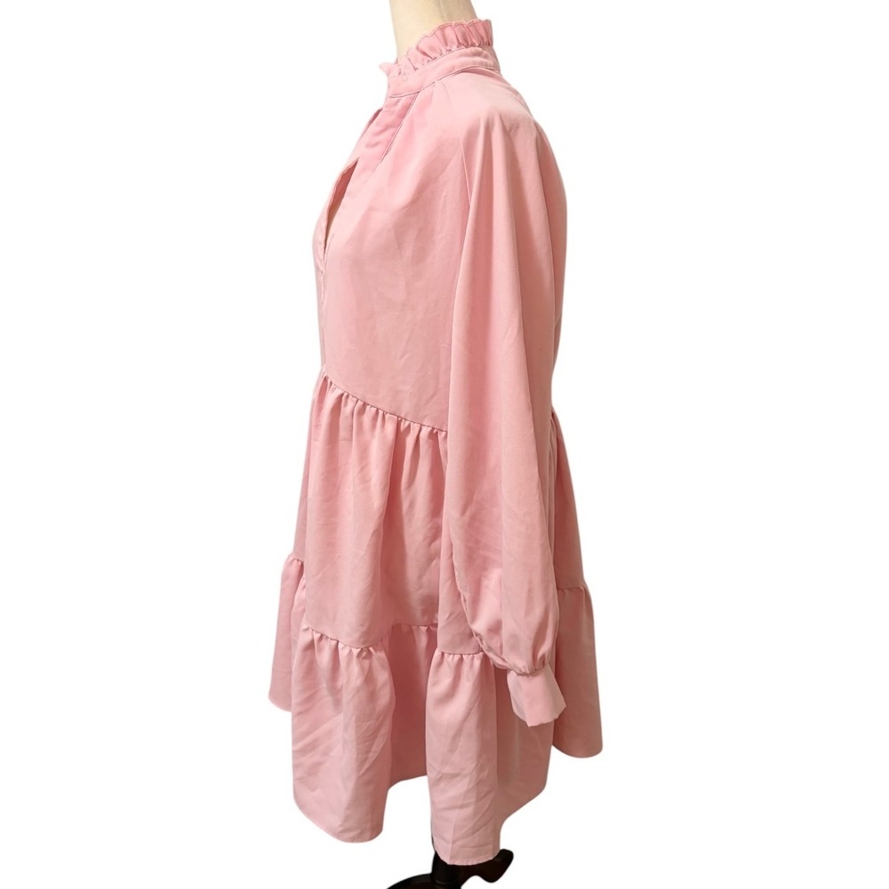 Pink Tiered Babydoll Mini Dress Size Medium Cottagecore Ruffle Neck Long Sleeve - Picture 4 of 8